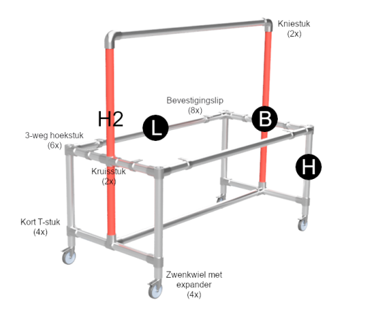 Steigerbuis onderstel tafel met bovenbuis uit buis Ø 33,7 mm zwenkwielen